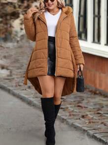 SHEIN LUNE Plus Fuzzy Trim Hooded Belted Padded Padded Coat Clothes Winter - Orange - View 7