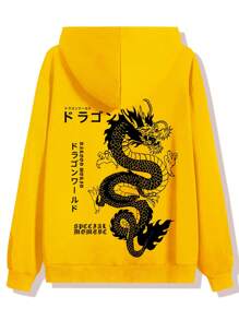 Áo khoác thường ngày có mũ trùm đầu in chữ và hình rồng thời trang thu/đông mới cho nam có khóa kéo và túi - Màu vàng - Xem 2