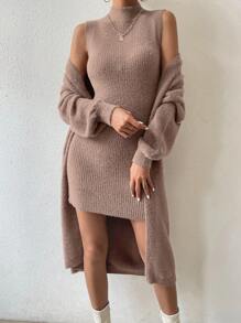 SHEIN Frenchy Của phụ nữ Đứng cổ áo Áo len Mở Và Đầm Áo len Bộ - màu nâu - Xem 1