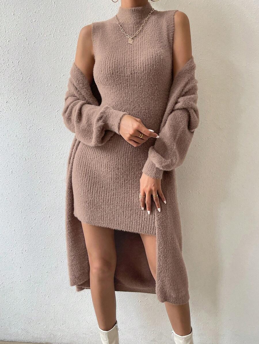 SHEIN Frenchy Của phụ nữ Đứng cổ áo Áo len Mở Và Đầm Áo len Bộ - màu nâu - Xem 1