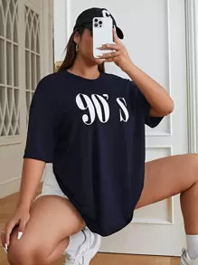 SHEIN EZwear 加大尺碼文字印花短袖t恤 - 藏蓝色 - 查看 1