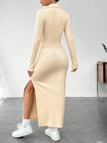 SHEIN EZwear Women's Solid Color Side Split Dress - Apricot - View 2