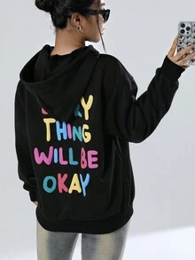 SHEIN EZwear 女字母印花抽繩連帽衫 - 黑色 - 查看 6