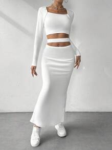 Chiquease Women's Crop Fitted T-shirt And Skirt Set - White - View 6