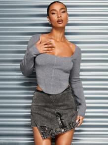 SHEIN BAE Women's Sexy High Waist Asymmetric Hem Stretch Denim Mini Skort - Grey - View 5