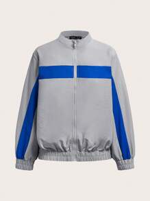 VARSITIE Colorblock Zip Up Drop Shoulder Jacket - Light Grey - View 6