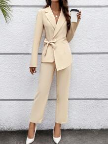 SHEIN Privé 尖領蝴蝶結西裝外套和褲子套裝 - 杏色 - 查看 3