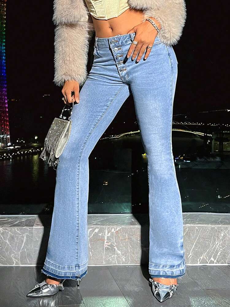 Button Front Flare Jeans With Frayed Hem
