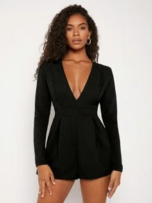 SHEIN BAE Deep V Neck Fold Pleated Romper - Black - View 6