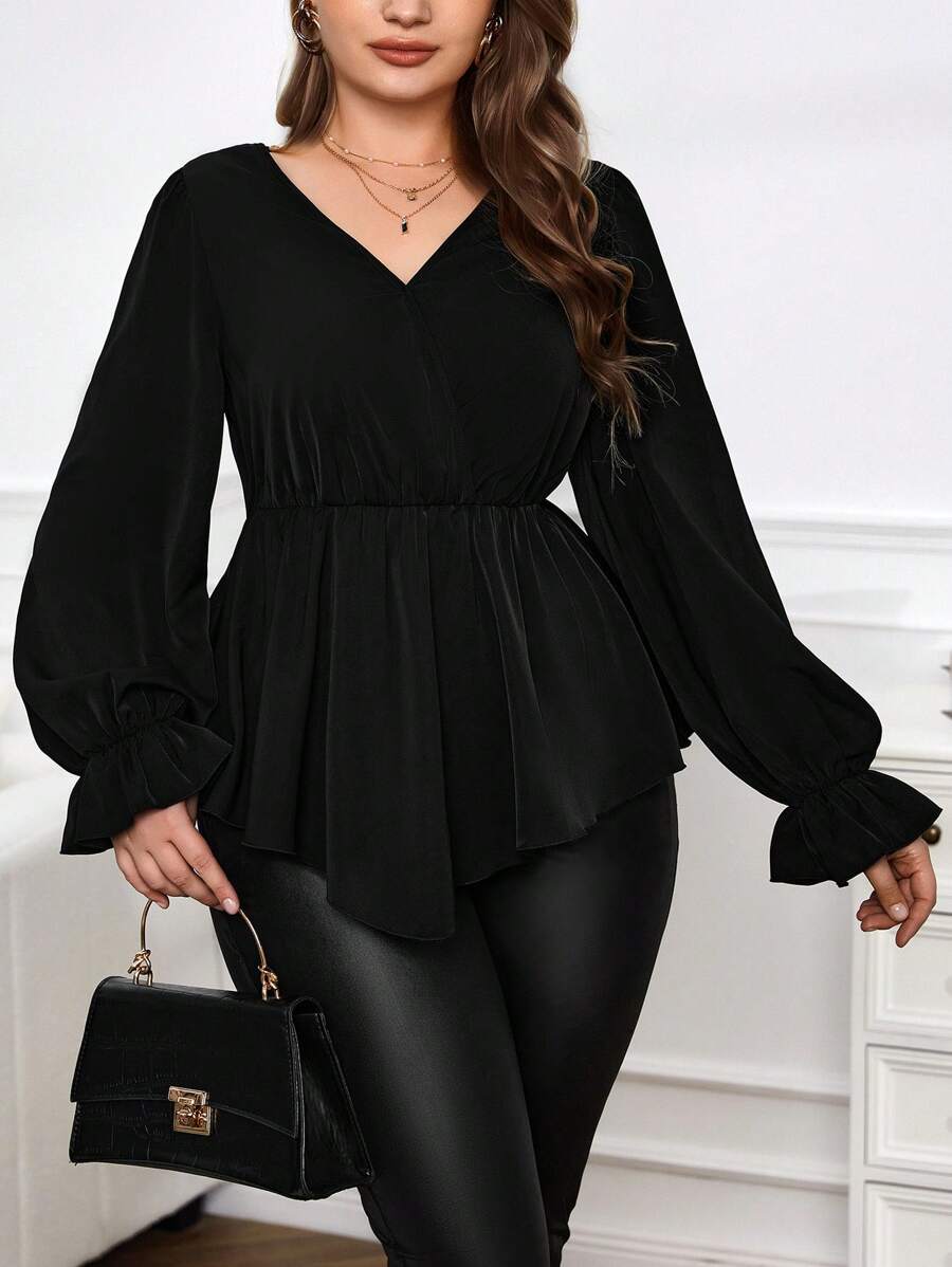 SHEIN Privé 大码女式荷叶边袖不对称下摆衬衫 - 黑色 - 查看 1