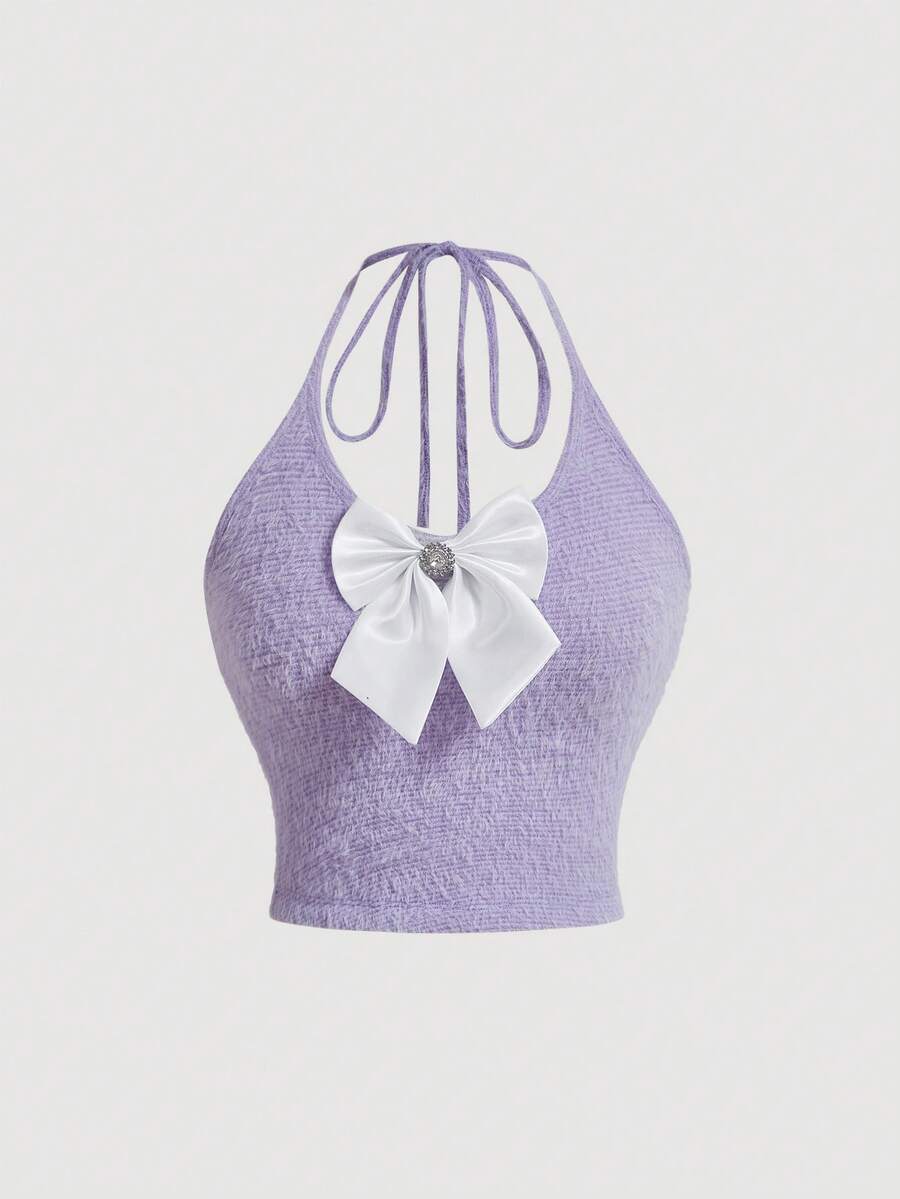 SHEIN MOD Women's Bowknot Decorated Halter Neck Tank Top - Mauve Purple - View 1