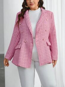 SHEIN Privé 女款大尺寸雙排扣粉紅格紋西裝外套 - 粉色 - 查看 1