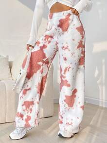 SHEIN EZwear Tie Dye Wide Leg Teddy Pants - Pink - View 3