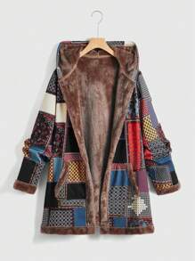 SHEIN LUNE Chaqueta Con Capucha De Forro Polar Con Estampado Empalmado Para Mujer - Multicolor - Ver 3