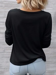 SHEIN LUNE Letter & Heart Printed Drop Shoulder T-shirt - Black - View 2