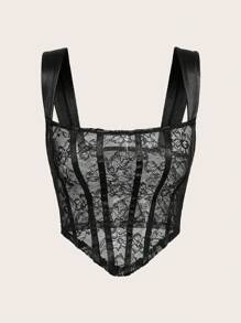 SHEIN ICON 夏季女士蕾絲拼接背心 - 黑色 - 查看 1