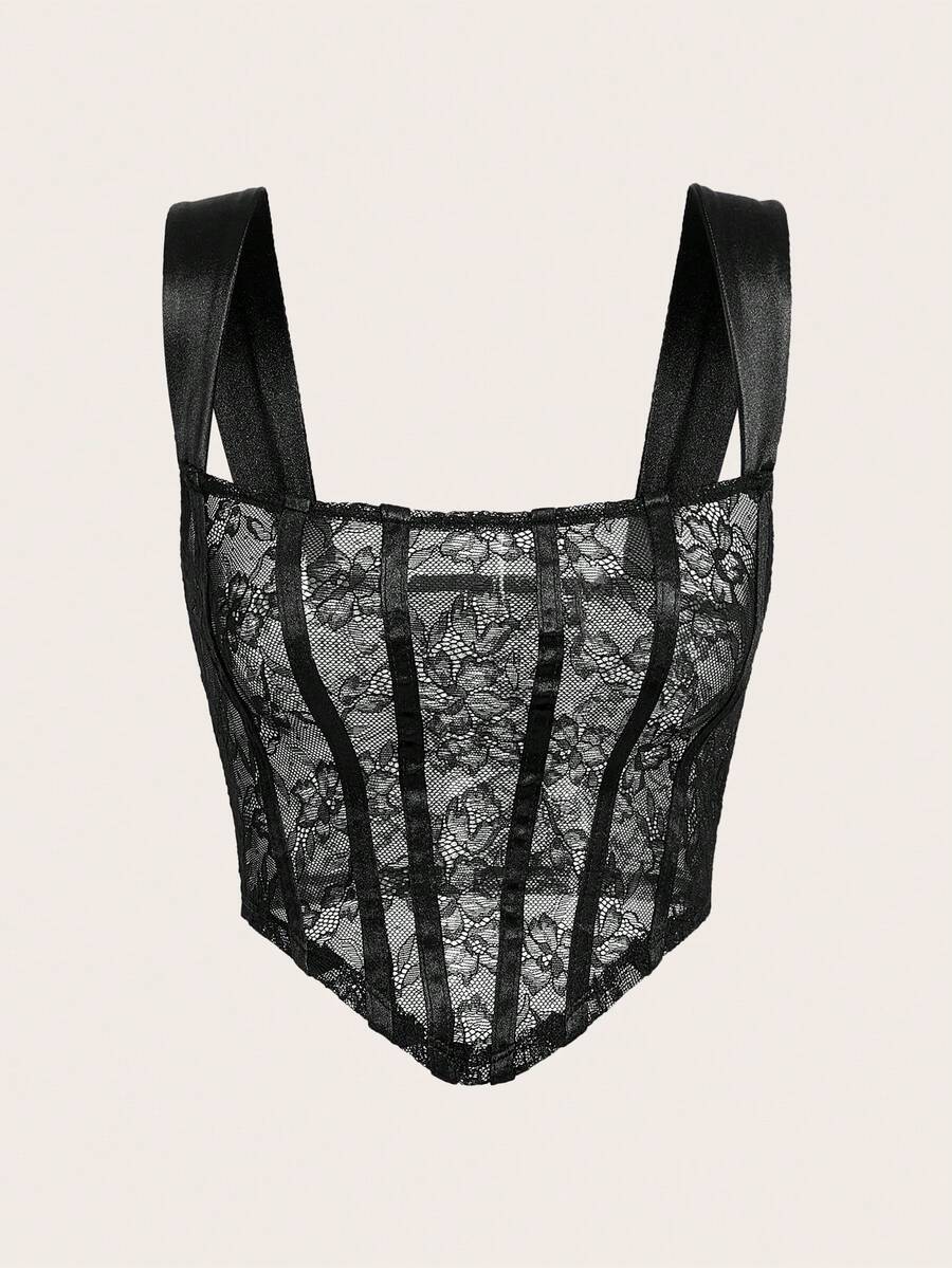 SHEIN ICON 夏季女士蕾絲拼接背心 - 黑色 - 查看 1