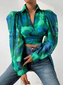 Chiquease Puff Sleeve Wrap Knotted Shirt Fall Cloth For Women - Green - View 4