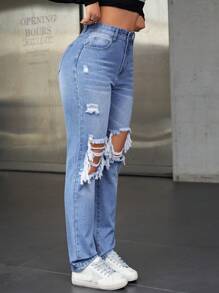 SHEIN ICON High Waist Ripped Straight Leg Jeans - Light Wash - View 3
