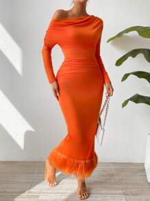 SHEIN Privé 女士不對稱領拼布毛皮下擺連身裙 - 橘色 - 查看 1