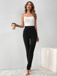 SHEIN Tall 女士細身牛仔褲,有鈕扣細節設計 - 黑色 - 查看 6