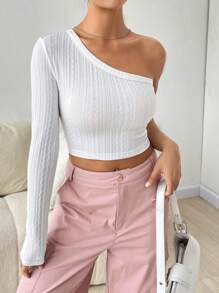 SHEIN EZwear White Knitted Women's Shoulder Strap Top - White - View 5