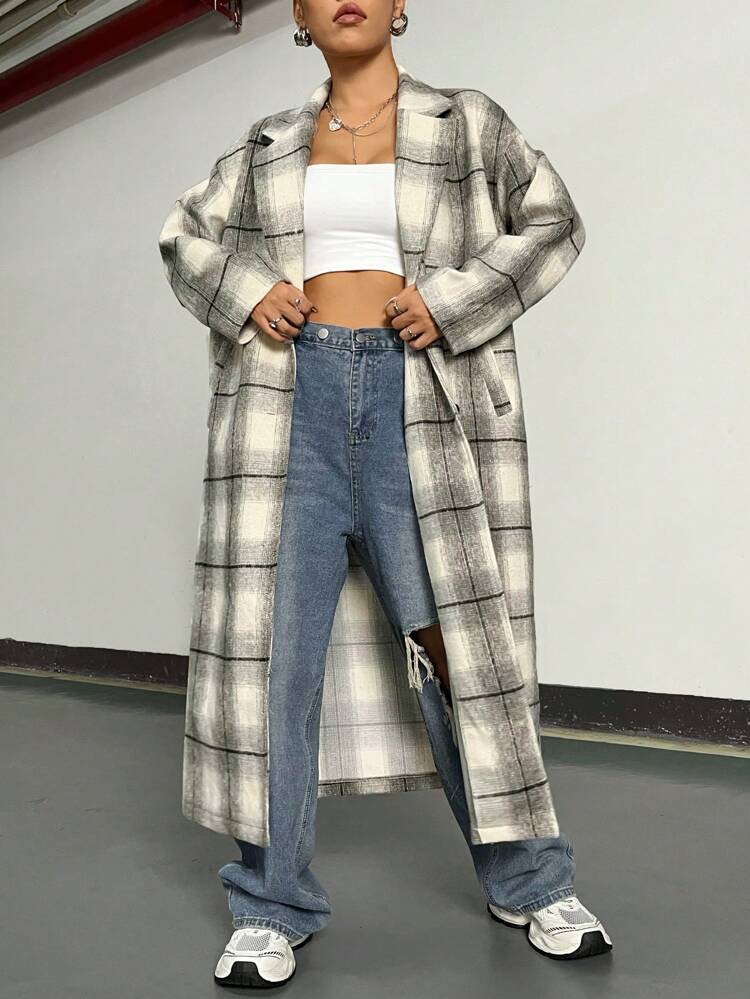 Women's Long Plaid Woolen Overcoat Fall Cloth For Women