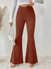 SHEIN LUNE Women's Solid Color Flared Pants - Rust Brown - View 1