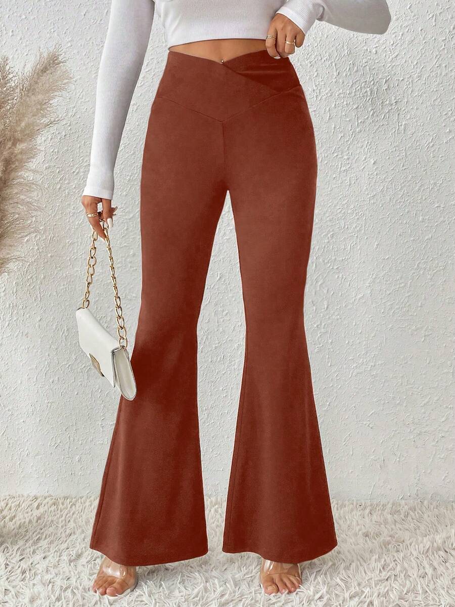 SHEIN LUNE Women's Solid Color Flared Pants - Rust Brown - View 1