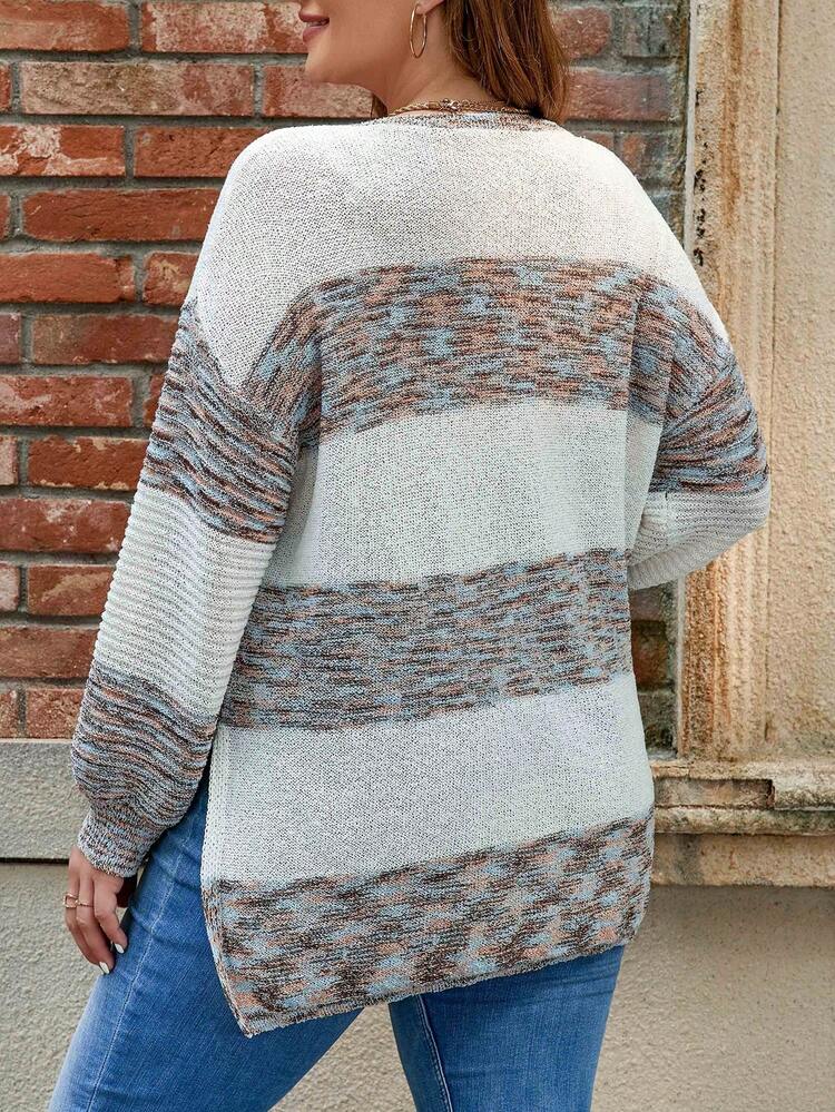 Women's Plus Size Half-Button Placket Color Block Sweater With Patch Pockets Knit Pullover Fall Winter Sweater