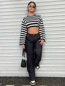 SHEIN EZwear 有條紋的短款破洞毛衣 - 黑與白 - 查看 3