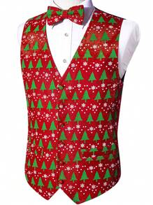 Men's Christmas Tree Print V-Neck Single-Breasted Vest, Suitable For Holiday Party Occasions - Red - View 3