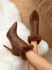 High Heel Short Boots Pointed Toe Thin Heel Fur Boots French Style - Brown - View 3