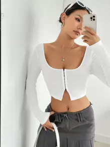 SHEIN EZwear 針織修身短款上衣適合女士 - 白色 - 查看 2