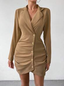 Chiquease Women's Notched Lapel Single Breasted Pleated Blazer - Coffee Brown - View 8