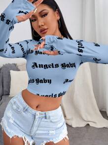 Hanevo Letter Printed Cropped T-Shirt Graphic Tees Women Tops