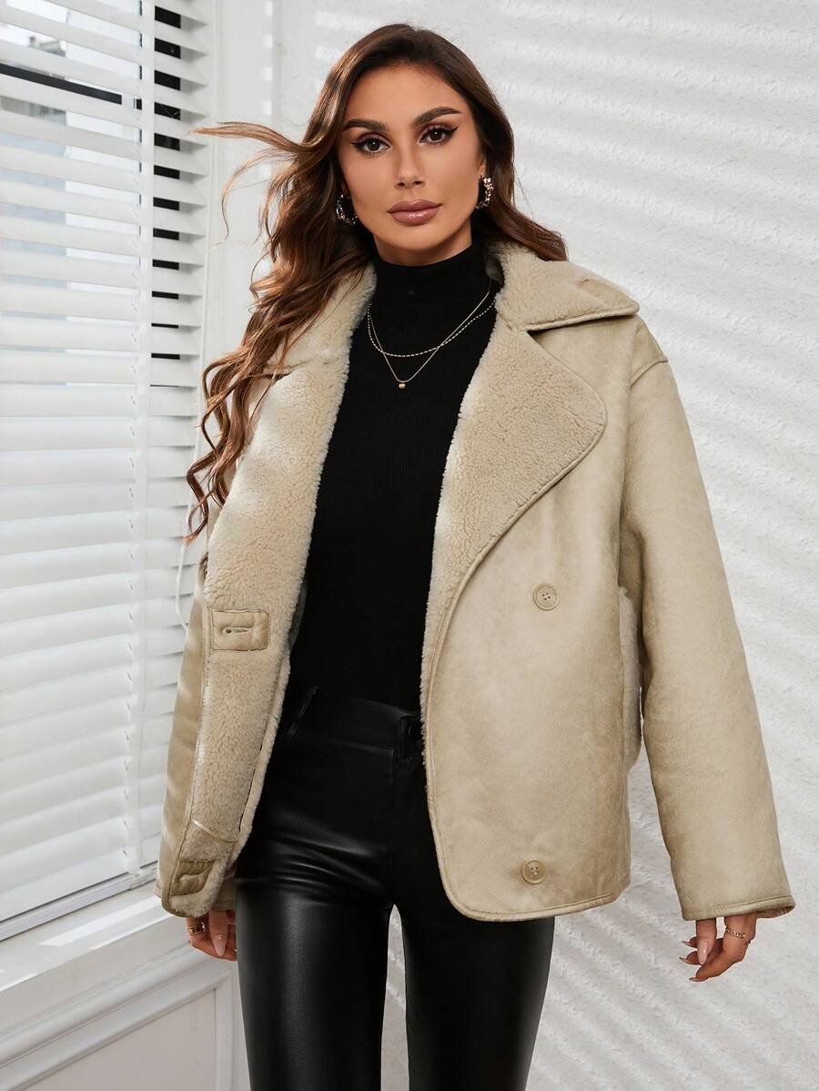 SHEIN Essnce 女款絨面革翻領夾克 - 米色 - 查看 1