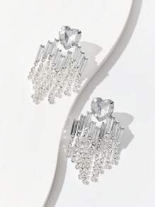 SHEIN BAE 新款跨境到貨鑲有鑽石的耳環,設計帶有美歐風格的心形和流蘇吊墜,適用於婚禮用耳環,1對 - 銀色 - 查看 5