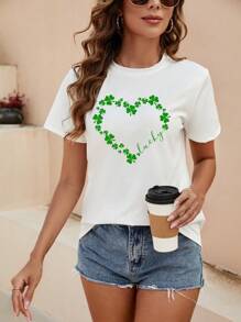 SHEIN LUNE 心形和三葉草圖案短袖t恤 - 白色 - 查看 5