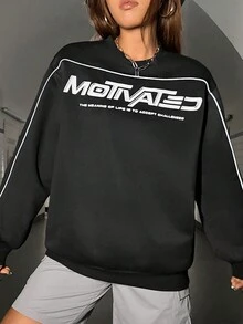 SHEIN Coolane Bikercore反光對比色縫線口號圖形下垂肩衛衣 - 黑色 - 查看 3