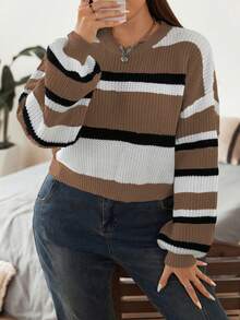 Flirla Kích thước lớn Ngắn Sọc Áo len Áo chui đầu - Màu Khaki - Xem 5