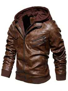 Men Zip Up Hooded PU Leather Jacket - Brown - View 1