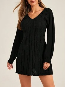 SHEIN Essnce Kabelstickad Sweater Klänningar - Svart - Visa 4