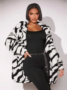 SHEIN SXY 性感女士正常尺寸斑馬紋泰迪大衣,秋冬休閒風格 - 黑與白 - 查看 1