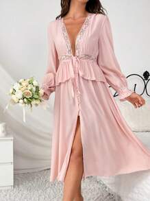 Lace Splice Tie Front Flare Sleeve Night Dress - Baby Pink - View 3