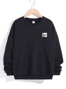 SHEIN 男孩時尚休閒寬鬆針織運動衫,印有字母圖案和圓領設計 - 黑色 - 查看 2