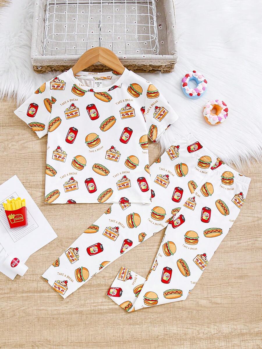 SHEIN Toddler Girls' Casual Street-style Knitted Short Sleeve T-shirt And Leggings Set