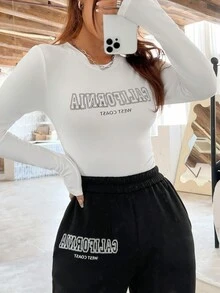 SHEIN EZwear Lá thư In Áo thun Và Quần thể thao Bộ - Đen và trắng - Xem 5