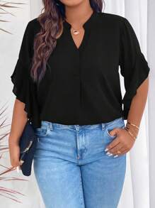 SHEIN Unity 女士大碼純色襯衫 - 黑色 - 查看 4