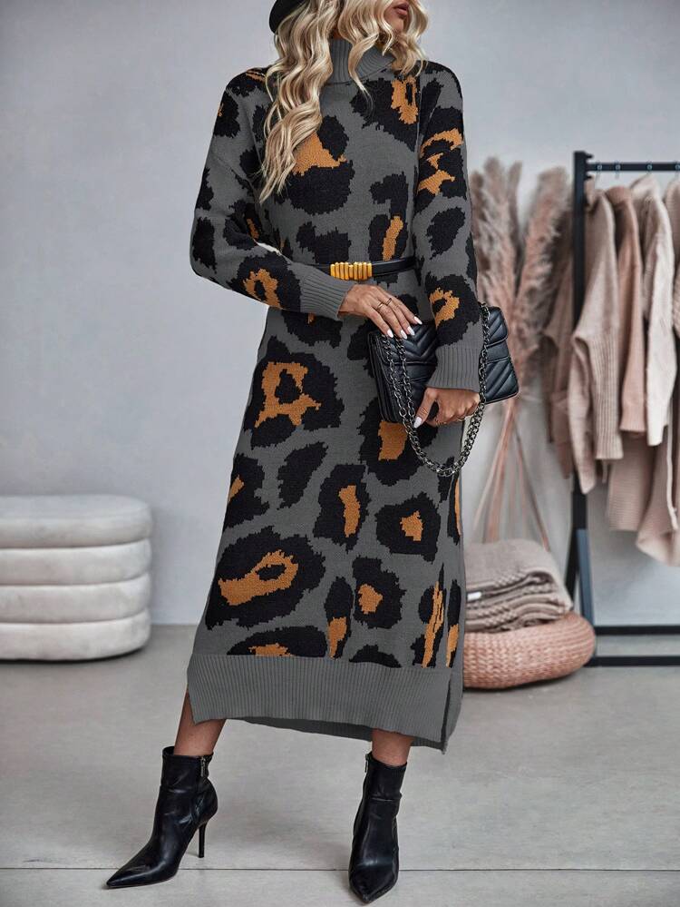 Women's Leopard Print Turtleneck Sweater Dress Fall Winter Cloth For Women